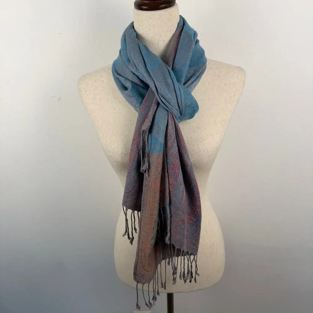 Pashmina Blue Orange Fringe Paisley Lightweight Long Scarf Shawl Floral Soft
